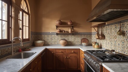 Pakistani home kitchen colorful tiles stainless steel hood walnut cabinetry clay pottery morning sunlight traditional textures cultural depth