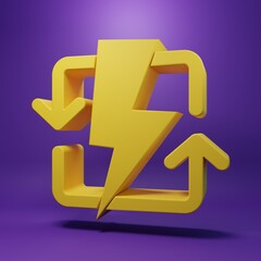 Yellow Recharging icon isolated on purple background. Electric energy sign. Minimalism concept. 3D render illustration
