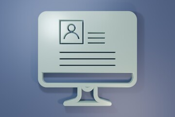 Fototapeta premium Grey Computer monitor with resume icon isolated on purple-blue background. CV application. Searching professional staff. Analyzing personnel resume. Minimalism concept. 3D render illustration