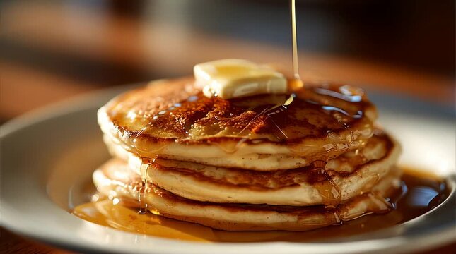 Delicious pancakes stack with butter and maple syrup for breakfast food photography shot 100c
