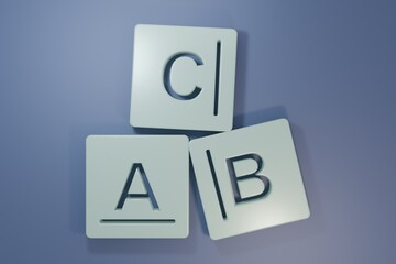 Grey ABC blocks icon isolated on purple-blue background. Alphabet cubes with letters A,B,C. Minimalism concept. 3D render illustration