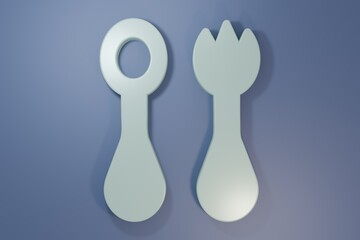 Grey Baby plastic cutlery with fork and spoon icon isolated on purple-blue background. Cutlery for kid. Childrens dining items. Minimalism concept. 3D render illustration