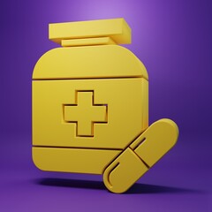 Yellow Medicine bottle and pills icon isolated on purple background. Bottle pill sign. Pharmacy design. Minimalism concept. 3D render illustration