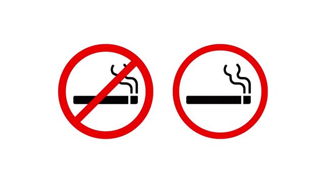 Two no smoking signs, featuring a red circle with a diagonal slash through a black cigarette and smoke, are displayed against a pure white screen video