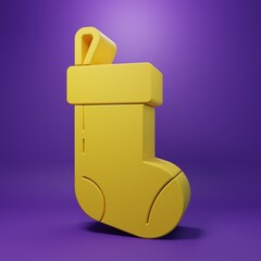 Yellow Christmas stocking icon isolated on purple background. Merry Christmas and Happy New Year. Minimalism concept. 3D render illustration