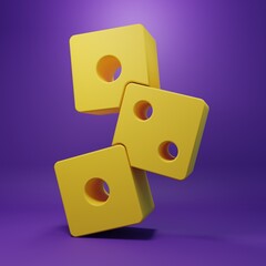 Yellow Game dice icon isolated on purple background. Casino gambling. Minimalism concept. 3D render illustration