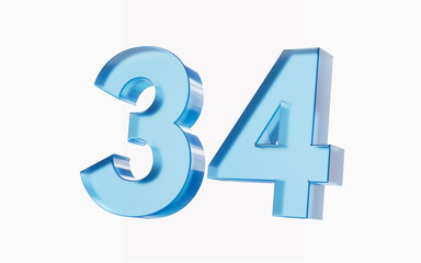 3d Glossy Blue number 34 Thirty four isolated on white background. 3d illustration