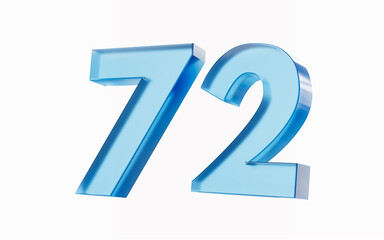 3d Glossy Blue number 72 Seventy two isolated on white background. 3d illustration