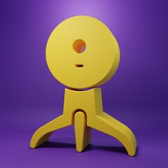 Yellow Web camera icon isolated on purple background. Chat camera. Webcam icon. Minimalism concept. 3D render illustration