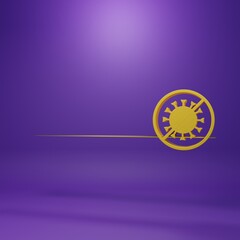 Yellow Stop virus icon isolated on purple background. Corona virus 2019-nCoV. Bacteria and germs, cell cancer, microbe, fungi. Minimalism concept. 3D render illustration