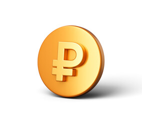 3D Render of a Golden coin featuring a white ruble symbol on its surface, 3d illustration