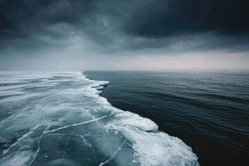 Frozen sea meets open water under stormy sky