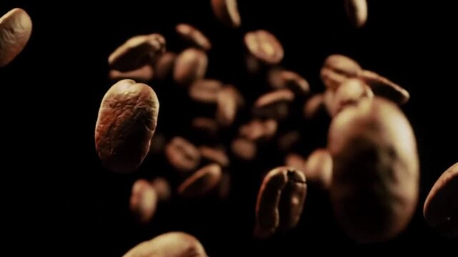 Closeup Slow Motion of Coffee Beans Falling.