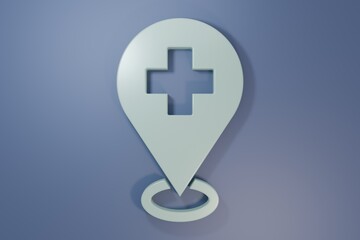 Obraz premium Grey Medical map pointer with cross hospital icon isolated on purple-blue background. Minimalism concept. 3D render illustration