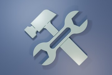 Grey Crossed hammer and wrench spanner icon isolated on purple-blue background. Hardware tools. Minimalism concept. 3D render illustration