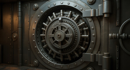 Intricate Circular Combination Lock Mechanism of a Vintage Steel Vault Door safe bank vault
