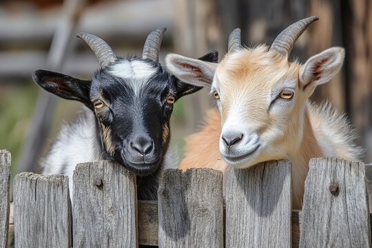 two young goats resting by a wooden fence.