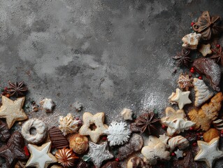 Fototapeta premium Flat lay arrangement showcases delicious assorted Christmas cookies alongside festive embellishments on a textured gray background with room for holiday greetings.
