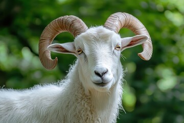 white goat with curled horns on forest green background.