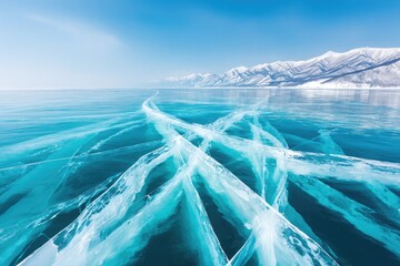Frozen lake, intricate ice patterns on turquoise water, snow-capped mountains in the distance