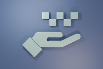 Grey Hand with taxi icon isolated on purple-blue background. Location symbol. Minimalism concept. 3D render illustration