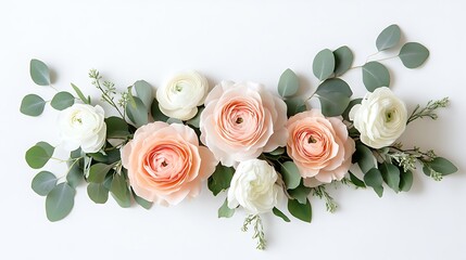 Soft peach and white ranunculus flower arrangement with eucalyptus leaves on white background