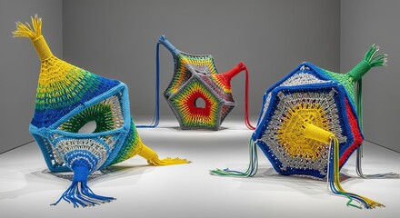 Explore unique crochet art sculptures vibrant colors geometric shapes modern craft exhibit