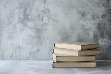 Stack of neutral colored books on a concrete surface with textured gray background