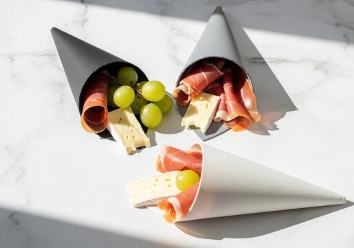 Photo of modern charcuterie cones filled with prosciutto, cheese, and grapes, offering a stylish and individual serving for parties and events