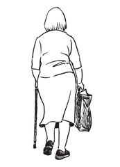 Elderly woman with cane and bag walking outdoors alone, rear view, realistic contour hand drawing