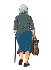 Elderly woman with cane and bag walking outdoors alone, rear view, realistic hand drawing