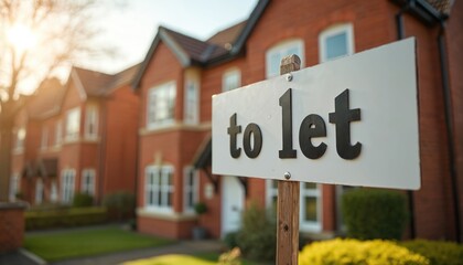 Estate agency To Let sign displayed in front of modern brick houses. Suburban street setting with green lawn and bushes. Sunny day enhances the residential property for sale or rent.
