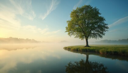 Lone tree on river bank at dawn, misty haze over calm water. Clear blue sky. Green grass, tranquil morning light. Peaceful solitude, scenic rural landscape, dreamy summer atmosphere.