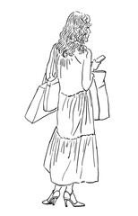 Young fashionable modern slim city woman, shopping bags, dress, smartphone, standing outdoors, realistic vector contour hand drawn illustration, white background