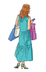 Young fashionable modern slim city woman red hair, shopping bags, green dress, smartphone, standing outdoors, realistic vector hand drawn illustration, white background