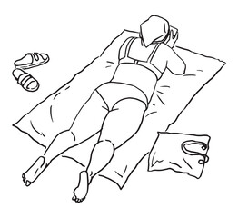 One woman in beach holiday, summer vacation, lying on seashore, using smartphone, tanned, relaxing, realistic contour hand drawing, vector illustration