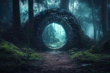 Majestic portal to another world glows amidst ethereal landscape with rolling clouds and sunlit greenery