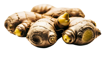 Close-up of fresh ginger root with visible buds, highlighting its natural texture and earthy tones