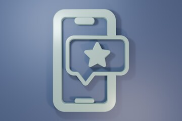 Grey Mobile phone with review rating icon isolated on purple-blue background. Concept of testimonials messages, notifications, feedback. Minimalism concept. 3D render illustration