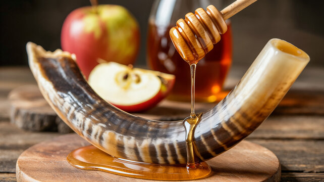 Rosh hashanah celebration horn with honey and apple - Powered by Adobe