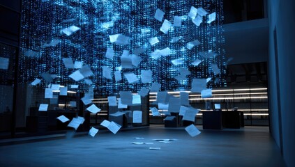 Floating documents in a modern space, illuminated by a light-blue digital matrix