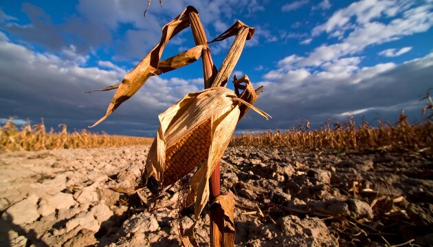 A dried corn cob stands forlornly in a cracked, barren field beneath a partly cloudy sky.