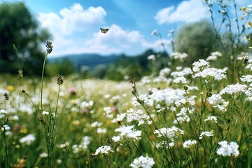 A vibrant meadow bursts with wildflowers under a brilliant sky.  Butterflies flutter through the vibrant green grasses and blossoms.  Rolling hills are visible in the distance