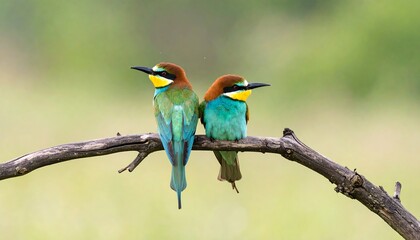 Two vibrant bee-eaters perch gracefully on a weathered branch, their multicolored plumage a spectacle against a soft, out-of-focus green background.