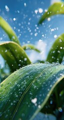 Dew-kissed, vibrant green leaves with droplets against a bright blue sky