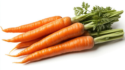 Fresh carrots with green tops arranged neatly white background, showcasing vibrant colors
