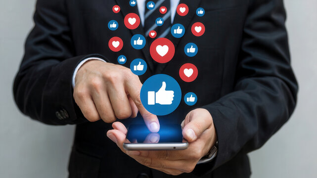 Businessman engaging with social media likes and hearts on smartphone, boosting digital presence and online engagement for business growth