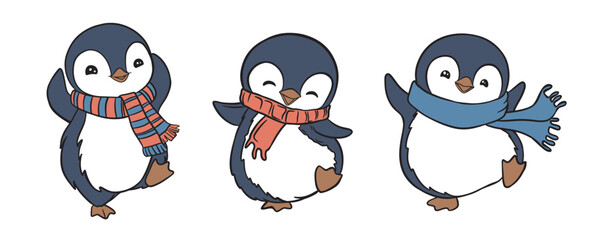 Vector illustration of two cute penguins in winter hats and scarves, one skiing with poles and the other snowboarding, adorable cartoon animals enjoying winter sports.
