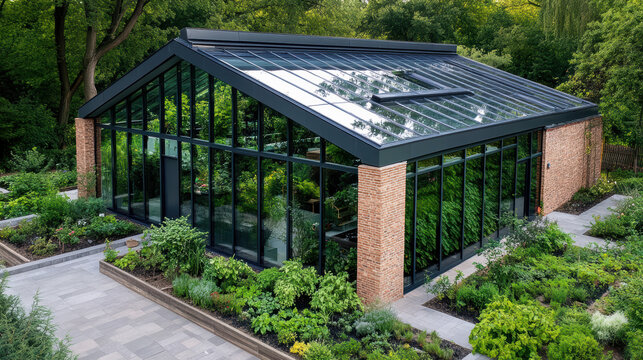 Modern greenhouse with glass roof, surrounded by lush greenery and plants - Powered by Adobe