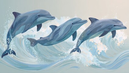 Three dolphins leap through ocean waves